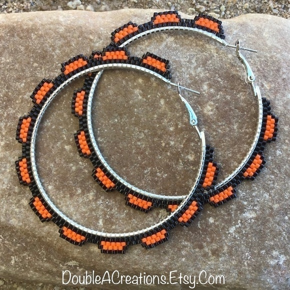 Orange Beaded Hoops, New, Handmade by Me - Picture 1 of 9